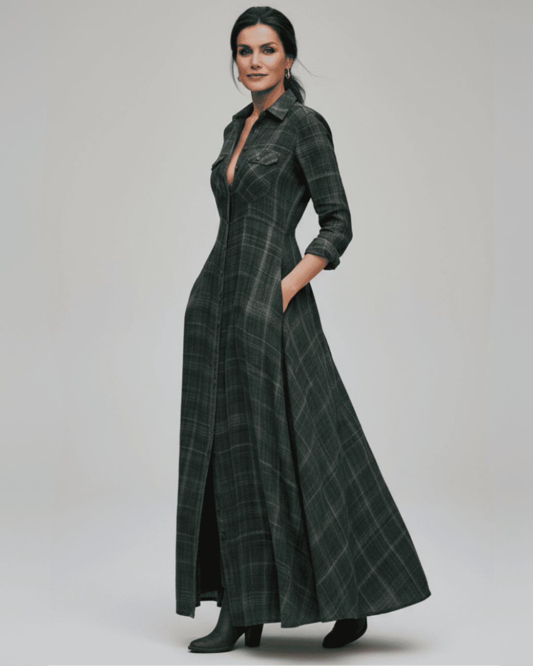 Letizia| Vestido largo a cuadros verde