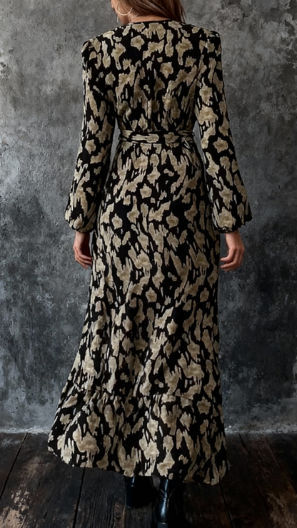 Flora| Vestido largo estampado con mangas de farol, bajo con volantes y cinturón