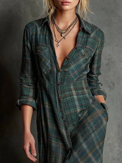 Karina| Long green checked dress