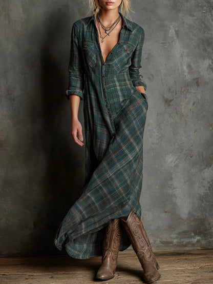 Karina| Long green checked dress